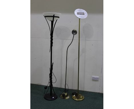 Brass floor standing reading lamp with adjustable stem, wrought iron up-lighter lamp, brass up-lighter lamp (3)