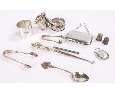 Silver, various dates and makers, to include three napkin rings, two pairs of sugar tongs, two thimbles, pencil holder, teasp