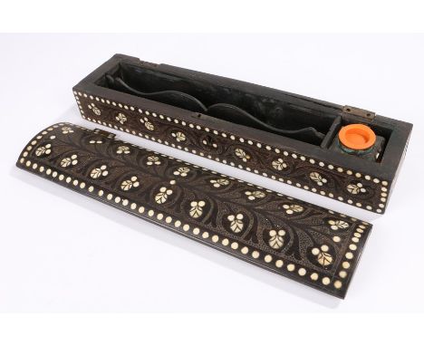 Indian bone inlaid box, the domed lid opening to reveal two pen trays and an inkwell, 29.5cm wide