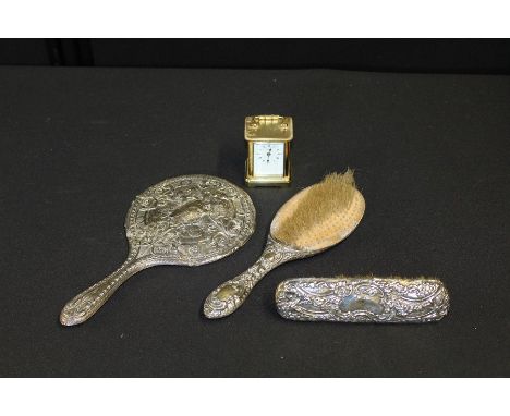 Silver handled hand mirror, hair brush and clothes brush, Asprey quartz brass cased miniature carriage clock (4)