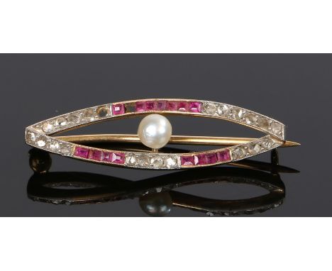 Ruby pearl and diamond set brooch, with a central pearl flanked by arched ruby and diamond set sides, 37mm long