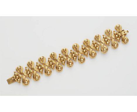 Retro-Gliederarmband18 kt Gelbgold. Profiliertes Gliederband in raffiniertem Flecht- und Kugelmuster mit Sicherheits-Klappsch