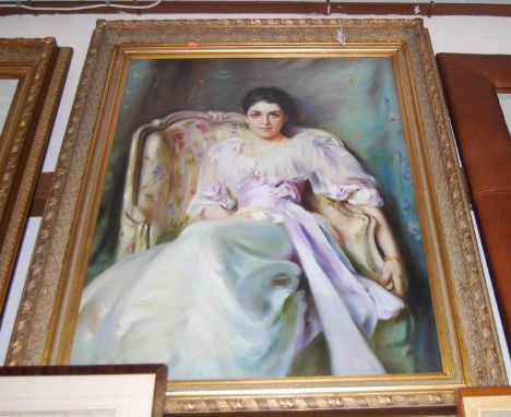 P Denholm after John Singer Sergent (1856-1925) - three-quarter length portrait of Lady Agnew, oil on canvas, signed lower ri