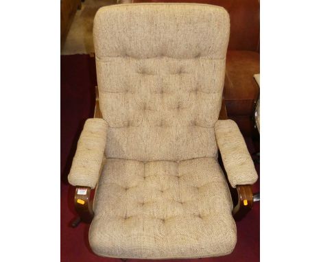 A formed laminate framed and cloth fabric buttoned upholstered open swivel arm chair, with adjustable action, width 72cmCondi