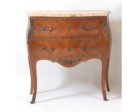 A French walnut and kingwood bombe commode in the Louis XV style, having a marble top and two crossbanded drawers, the whole 