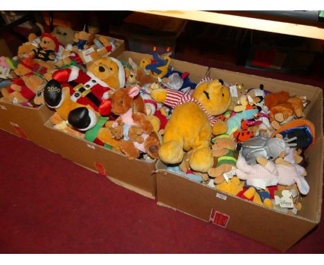 Three boxes containing a quantity of Winnie the Pooh related Disney collectables / soft plush toys, to include Robin Hood, Po