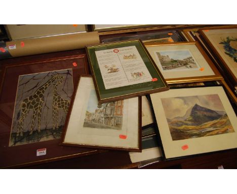Assorted pictures and prints, to include mountain landscape watercolour, two Arfican paintings of giraffes signed by Ngugi, H