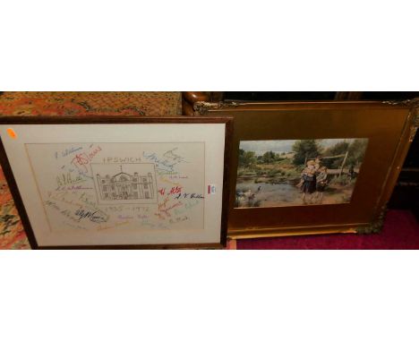 Thomas Bush Hardy (1842-1897) - Children wading through a stream, print; and a commemorative needlework of Ipswich (2)