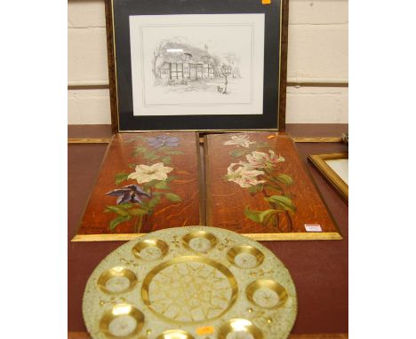 Eastern brass wall hanging, M Sharp - wild flowers, oil on oak panels, each signed and dated lower left 1893, 53x28cm, and co
