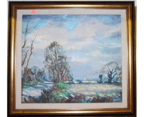 Rowland Suddaby (1912-1972) - landscape with church, oil on board, signed lower right, 40.5 x 45cmCondition report: Colours a