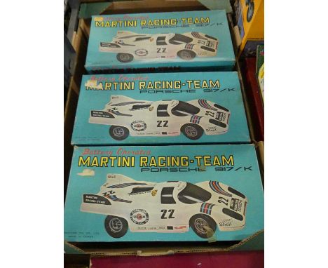 Three boxed Nanyung Toy Company Ltd of Taiwan Martini Racing Team Porsche 917k battery operated cars, all housed in original 