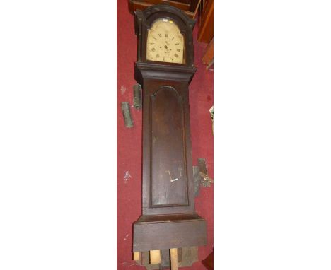 An early 19th century oak longcase clock, having a moonphase arch painted dial, eight day movement, with pendulum and two wei