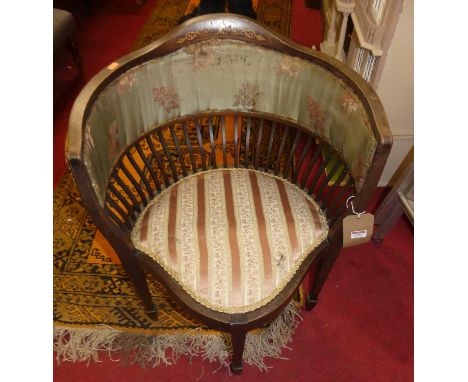 An Edwardian mahogany tub salon chair, having silk upholstery, w.53cmCondition report: Upholstery heavily worn. Scratched all