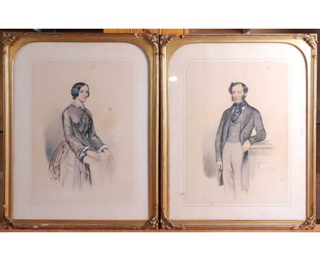 Mid-19th century English school - Pair; three-quarter length portrait studies of a gentleman and his companion, sepia waterco
