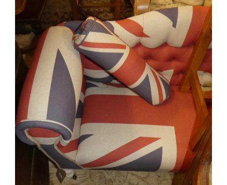 A small contemporary Union Jack upholstered two-seater sofa, raised on white painted turned supports, width 135cmCondition re