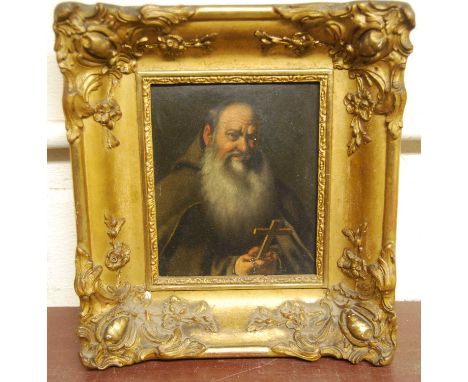 Late 19th century continental school, half length portrait of a monk holding cross and rosary beads, oil on panel, 14x11.5cm