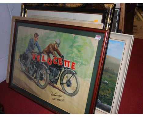 Assorted pictures and prints to include advertising print for Velocette Motorcycles, John Hewitt - landscape, oil on board, f