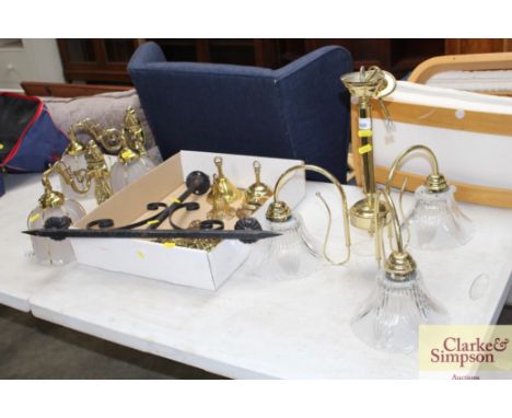 A three branch chandelier and glass shades; and a box of various light fittings and two wall lights 