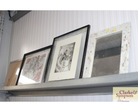 A pencil signed limited edition print "Moon Age Daydream"; and a quantity of pictures and a mirror 