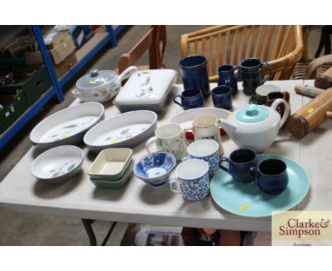 A quantity of various china to include Denby dinnerware, Poole tea pot and a quantity of blue glazed pottery