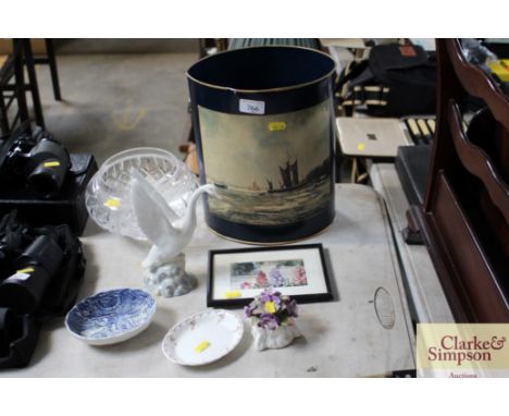 A waste paper bin; together with a Nao figurine, blue and white soap dish, cut glass bowl