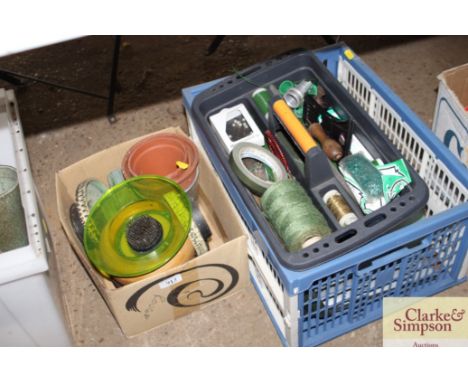 Two boxes of various planters and gardening tools 