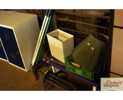 A quantity of gardening tools, a bench vice, step stool etc.
