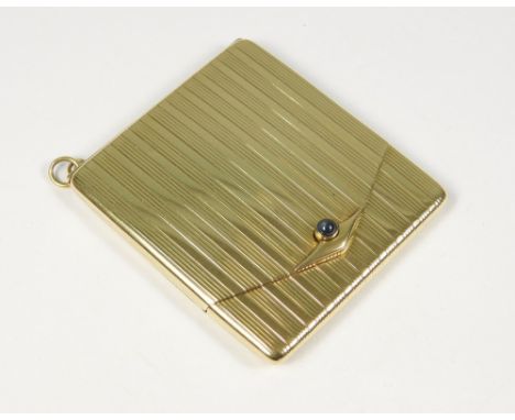 MATCHBOOK CASE. A 14ct. gold engine turned matchbook case with cabouchon sapphire button. The inner lid engraved with the nam