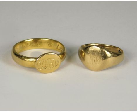 SIGNET RINGS. An 18ct. gold small signet ring, approx. 3.8g, size F/G. Also, one other hand made yellow metal signet ring of 