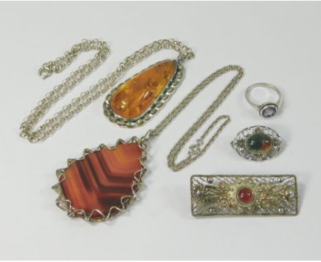 AMBER &amp; AGATE. A modern silver &amp; 'amber' pendant on silver chain. Drop 6cm. Also, a large banded agate pendant, a sil