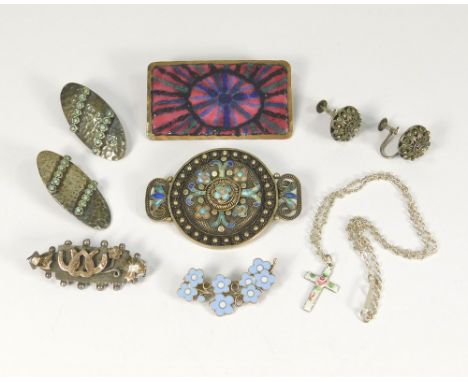 SILVER BROOCHES ETC. A Chinese style silver & enamel filigree brooch, an Edwardian silver bar brooch, a Norwegian enamel on c