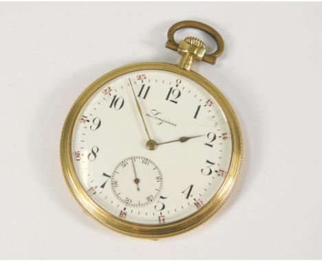 LONGINES. An 18k. cased Longines dress pocket watch, the white enamel dial with Arabic numerals, subsidiary seconds dial etc.