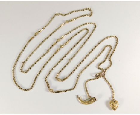 GOLD LONGUARD. A 9ct. gold longuard watch chain with two attachments, a gold heart &amp; a gold hunting horn. Approx. 31.9g.