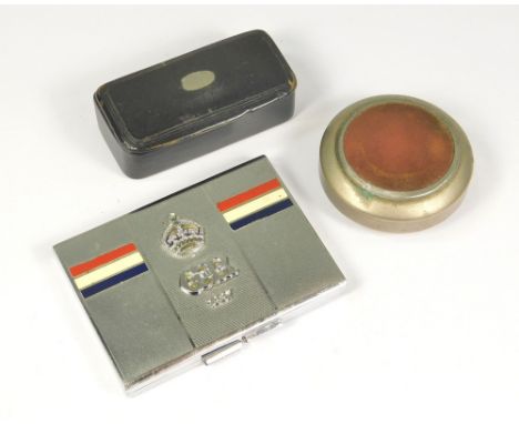 SNUFF BOX ETC.A 19th century black papier mache snuff box, a metal pocket watch case & a 1937 commemorative powder compact.