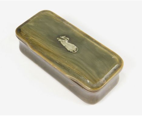 SNUFF BOX. A 19th century horn snuff box with applied silver falconer figure to the lid. Width 8.3cm.