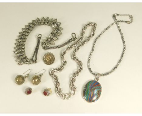 SILVER ETC. A silver mounted pendant, hung on a metal bead necklace, a heavy fancy link chain with silver hallmarked bolt rin