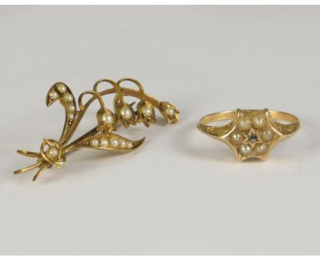 PEARL BROOCH ETC. A Victorian 15ct. gold &amp; half pearl Lily of the Valley brooch. Also, a Victorian 15ct. gold &amp; old c