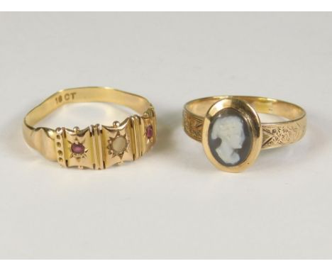 GOLD RINGS. A 19th century 18ct. gold cameo set ring &amp; an 18ct. gold Victorian ruby set ring.