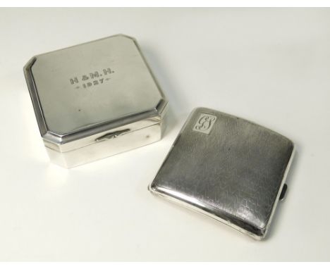 CIGARETTE CASE ETC.An engine turned, curved cigarette case & a presentation cigarette box, Birmingham 1916.