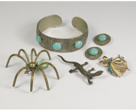 COSTUME JEWELLERY. An embossed pewter bangle with similar ear clips, two marcasite set brooches & a large spider brooch.