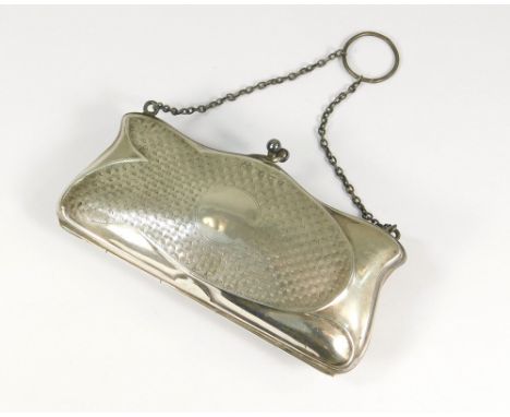 SILVER PURSE. A silver purse with engine turned decoration &amp; leather interior. Width 12.5cm.