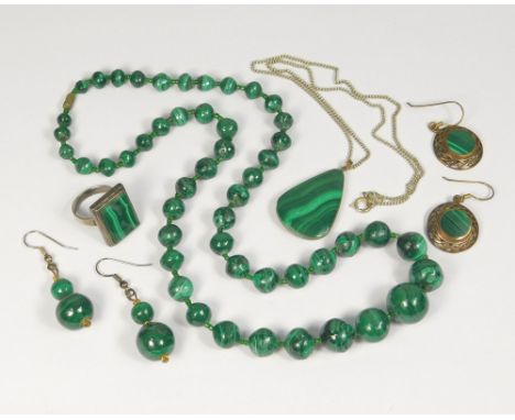 MALACHITE. A graduated malachite bead necklace &amp; matching drop earrings. Also, a malachite pendant, a Scottish silver mal