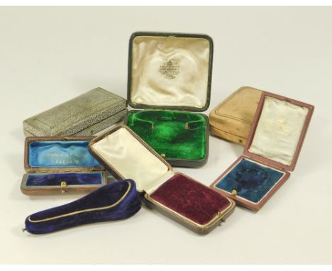 JEWELLERY BOXES. Seven various antique jewellery boxes, including a Mallett, Bath shaped stick pin box.