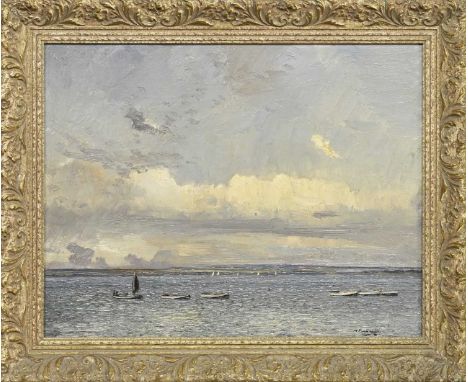 WILLIAM PAGE ATKINSON WELLS (SCOTTISH 1872 - 1923), BOATS IN A COASTAL SEASCAPE oil on board, signedframedimage size 33cm x 4