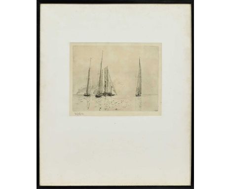 WILLIAM LIONEL WYLLIE RA RE (BRITISH 1851 - 1931), YACHTS ROUNDING MARMET LIGHTSHIP etching on paper, signed, titled label ve