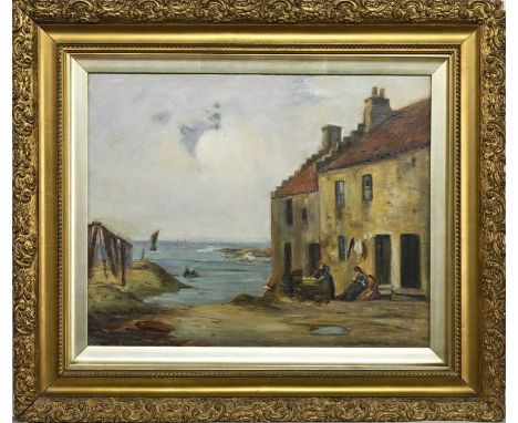E K S PARKER (20TH CENTURY), FISHERFOLK AT AN EAST COAST VILLAGE oil on canvas, signedframedimage size 41cm x 51cm, overall s