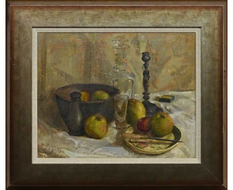 * WILLIAM SOMERVILLE SHANKS (SCOTTISH 1864 - 1951),  FRUIT &amp; DECANTER oil on canvas, signedframedimage size 40cm x 50cm, 