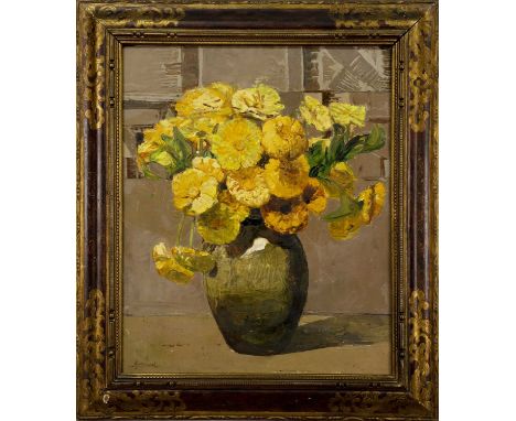* JOSEPH VICTOR COMMUNAL (FRENCH 1876 - 1972), FLOWER PIECE oil on board, signed, titled label versoframedimage size 59.5cm x