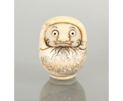 UNUSUAL JAPANESE DARUMA IVORY MECHANICAL NETSUKE modelled with eyes that extend from the sockets, 3.5cm high  