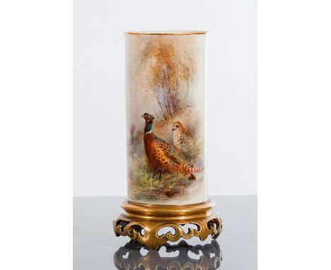 ROYAL WORCESTER SPILL VASE painted with a cock pheasant and his hen, signed Stinton, on a gilt base, 16cm high  